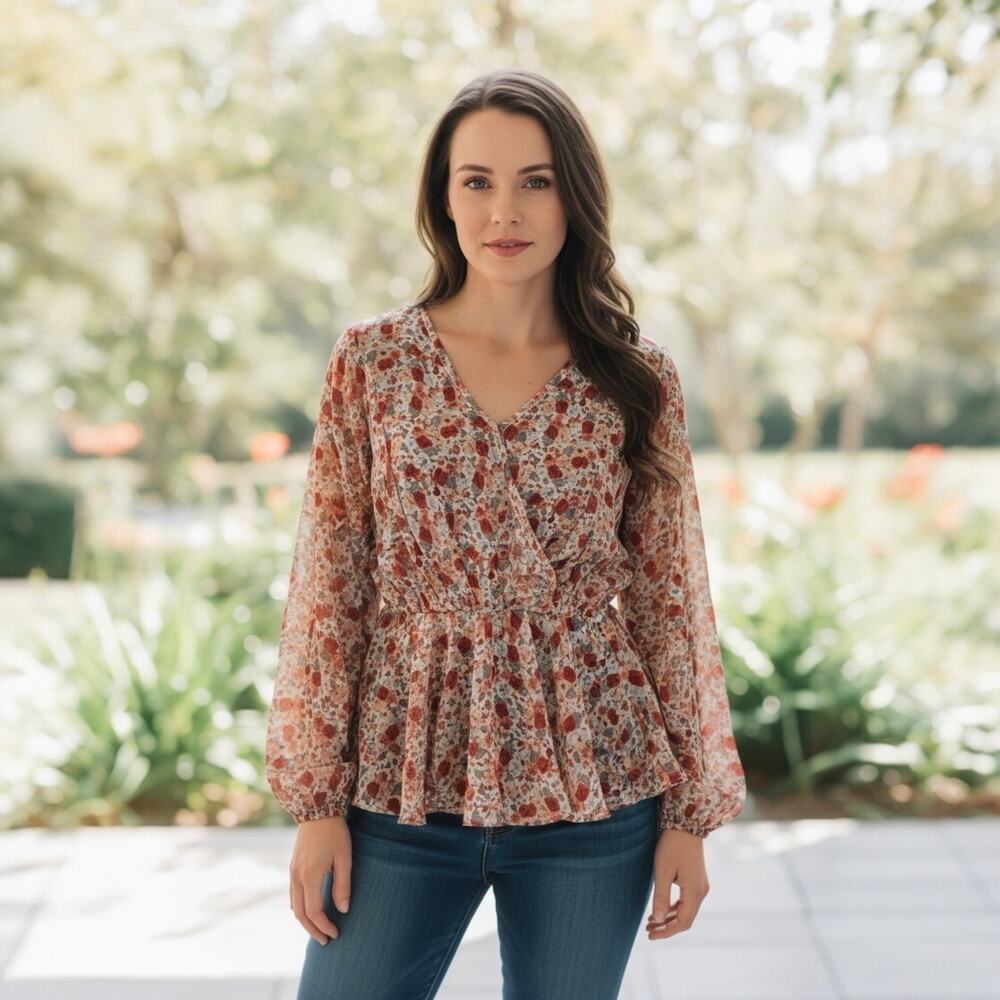 Hayden LA Floral Peplum Blouse Flowy Draped Women’s Medium